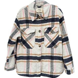 Ashley Plaid Shacket M Cream Pink Tan | Oversized Fall Layer